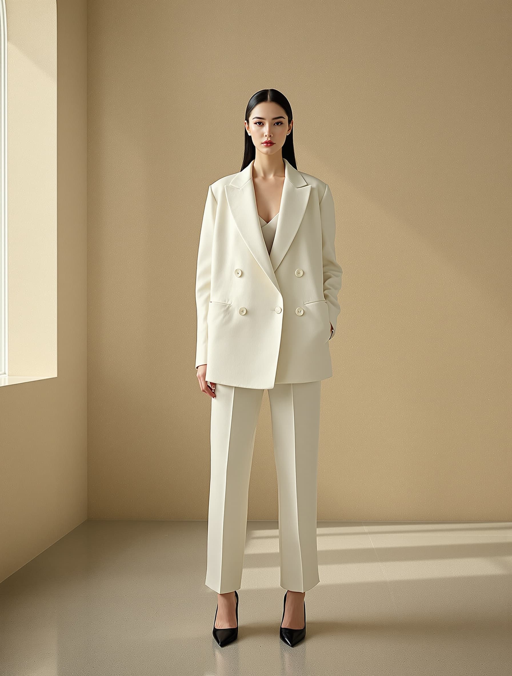 Ivory tailored suit mannequin in editorial gallery